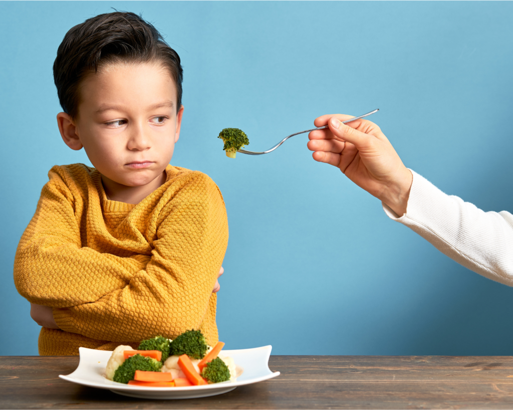 boy refuses to eat food on a fork 